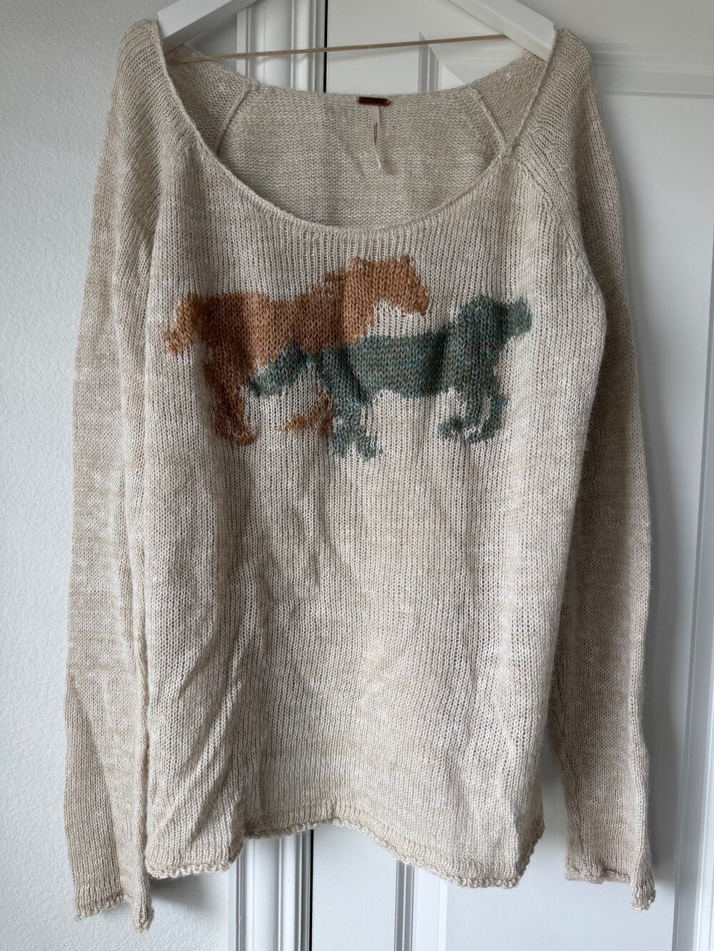 Free People Pony Ride Womens Medium Tan Horse Sweater Scoop Neck